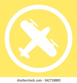 Screw Aeroplane vector icon. Style is flat rounded symbol, white color, rounded angles, yellow background.