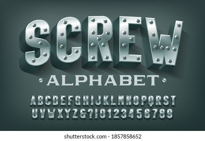 Screw alphabet font. 3D metal letters and numbers. Stock vector typeface for your design.