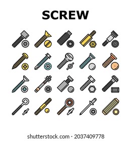 Screw And Bolt Building Accessory Icons Set Vector. Socket Head And Shoulder Screw, Press-fit And Hex Standoffs, Eyebolt With Peg And Rivet Engineer Equipment Line. Color Illustrations