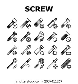 Screw And Bolt Building Accessory Icons Set Vector. Socket Head And Shoulder Screw, Press-fit And Hex Standoffs, Eyebolt With Peg And Rivet Engineer Equipment Black Contour Illustrations