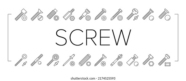 Screw And Bolt Building Accessory Icons Set Vector. Socket Head And Shoulder Screw, Press-fit And Hex Standoffs, Eyebolt With Peg And Rivet Engineer Equipment Black Contour Illustrations