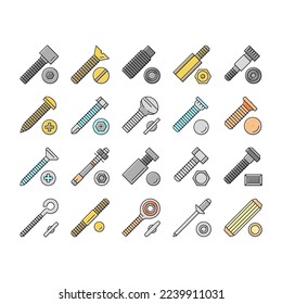 Screw And Bolt Building Accessory Icons Set Vector. Socket Head And Shoulder Screw, Press-fit And Hex Standoffs, Eyebolt With Peg And Rivet Engineer Equipment Line. Color Illustrations