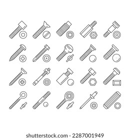 Vector De Juego De Iconos De Los Accesorios De Montaje De Tornillos Y Tornillos. Tornillo De Cabeza Y Hombro De Calzado, Estanques De Prensa Y Hex, Estanques De Eyebolt Con Ilustraciones De Contorno Negro De Equipo De Ingeniería De Peg Y Rivet