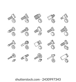 Screw And Bolt Building Accessory isometric icons set. Socket Head And Shoulder Screw, Press-fit And Hex Standoffs, Eyebolt With Peg And Rivet Engineer Equipment Line. Color .