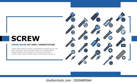 Screw And Bolt Building Accessory Landing Web Page Header Banner Template Vector. Socket Head And Shoulder Screw, Press-fit And Hex Standoffs, Eyebolt With Peg And Rivet Engineer Illustration