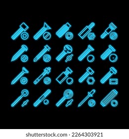 Screw And Bolt Building Accessory neon light sign vector. Socket Head And Shoulder Screw, Press-fit And Hex Standoffs, Eyebolt With Peg And Rivet Engineer Equipment Illustrations