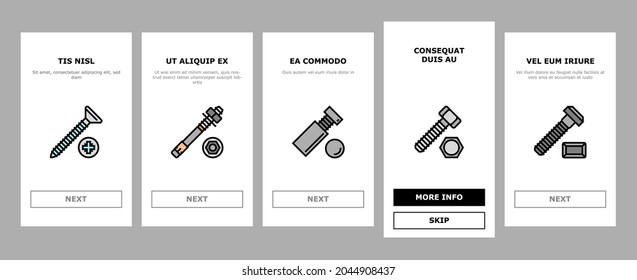 Screw And Bolt Building Accessory Onboarding Mobile App Page Screen Vector. Socket Head And Shoulder Screw, Press-fit And Hex Standoffs, Eyebolt With Peg And Rivet Engineer Equipment Illustrations