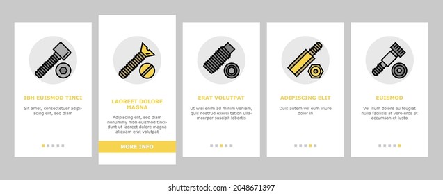 Screw And Bolt Building Accessory Onboarding Mobile App Page Screen Vector. Socket Head And Shoulder Screw, Press-fit And Hex Standoffs, Eyebolt With Peg And Rivet Engineer Equipment Illustrations