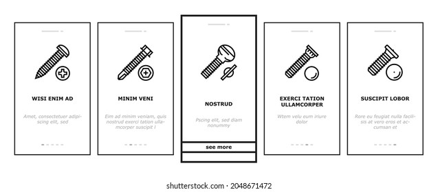 Screw And Bolt Building Accessory Onboarding Mobile App Page Screen Vector. Socket Head And Shoulder Screw, Press-fit And Hex Standoffs, Eyebolt With Peg And Rivet Engineer Equipment Illustrations