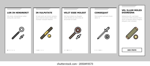 Screw And Bolt Building Accessory Onboarding Mobile App Page Screen Vector. Socket Head And Shoulder Screw, Press-fit And Hex Standoffs, Eyebolt With Peg And Rivet Engineer Equipment Illustrations