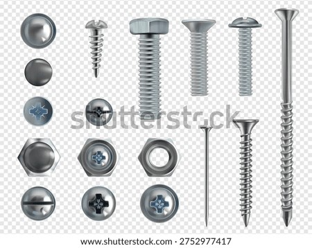 Screw and bolt collection in silver finish - metal fasteners with hexagon heads from top and side views. Realistic 3D vector icons of nuts and nails, rivets and washers for technical design projects.