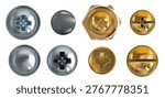 Screw and bolt head collection with metal fasteners viewed from top. Realistic vector set of gold, silver and steel nail caps, hexagon nuts, rivets and pins isolated on white for design projects.