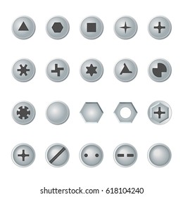 Screw and bolt heads set. Isolated vector design elements.