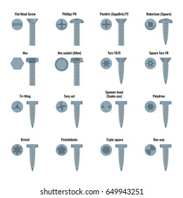 Screw and bolt heads set with text signed names vector illustration. Different types and shapes of bolts. Metal bolts design elements with caps