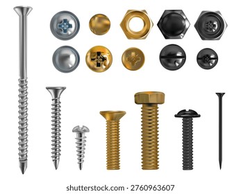 Screw and bolt metal vector collection - realistic gold, black and silver fasteners. Detailed screws with hexagon heads, rusty nails, rivets and nuts on white background for industrial design project