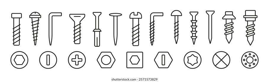 Screw, bolt Metalware, nut, hexahedron icons set. Tool Nail Metalware icons, symbols. Vector set