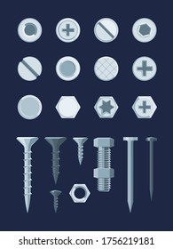 Schraubenbolzen-Nagelset. Das Fixieren des selbstklopfenden Schraubenbolzen mit der Vorderseite des Schalters Nagel Nagel aus verschiedenen Typen Kappen Sechserstern diagonal rund. Vektorrealistischer Stil.