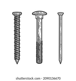 screw bolt and nail set sketch engraving vector illustration. T-shirt apparel print design. Scratch board imitation. Black and white hand drawn image.