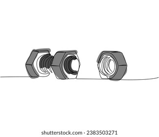 Tornillo, perno y tuerca, centelleo, pintura de una línea. Dibujo continuo en color de línea de reparación, profesional, manual, persona, concepto, soporte, mantenimiento.