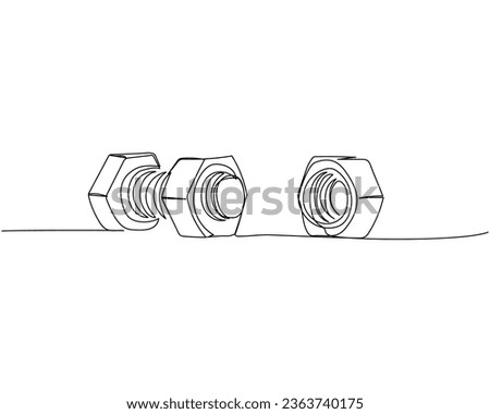 Screw, bolt and nut, dowel, pin, pintle one line art. Continuous line drawing of repair, professional, hand, people, concept, support, maintenance.