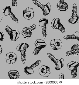 Screw, bolt and nut. Drawing seamless pattern background