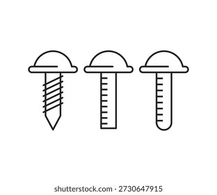 Tornillo de perno y tachuela iconos conjunto de línea de Vector ilustración