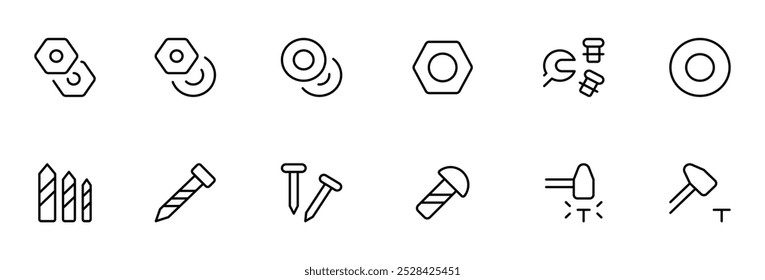 screw, bolt, washer, metalware, nut, diy, hexahedron, metal nail icon and tools editable Stroke line icons and Suitable for Web Page, Mobile App, UI, UX design.