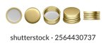 Screw cap for glass or plastic bottle, isolated gold realistic jar lids. Vector serrated metal top for closing containers with food or drinks. Set of blank packaging pieces, front and top, side view