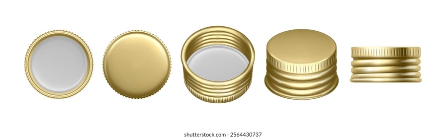 Screw cap for glass or plastic bottle, isolated gold realistic jar lids. Vector serrated metal top for closing containers with food or drinks. Set of blank packaging pieces, front and top, side view