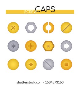 Screw caps collection - set of vector flat design style elements isolated on white background. Silver and golden colored images of metal, steel bolts, nails and nuts heads. Top view position of tools