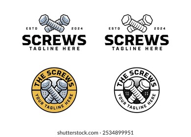 screw, cog crossed colorful and outline logo design set for workshop and carpenter. bolt, socket crossed illustration badge logo template for woodwork, craftsman 