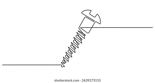 Screw continuous one line drawing, Screw, nail, bolt one line art. Continuous line drawing of repair, professional, hand, people, concept, support, maintenance, Bolt continuous one line drawing vector