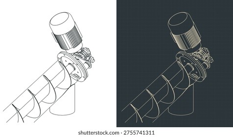 Screw conveyor and internal structure mechanism close-up isometric drawings stylized vector illustrations