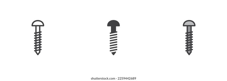 Verschiedene Stilsymbolsätze anzeigen. Linie, Glyph und gefüllte Umrissversion, Umriss und ausgefülltes Vektorzeichen. Fix Symbol, Logo-Abbildung. Vektorgrafik