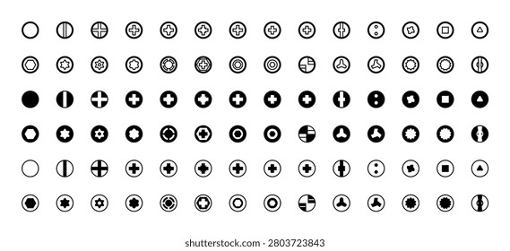 Screw drive heads vector set with standard and security fasteners profiles