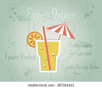 Screw Driver Cocktail banner and poster template with ingredients. Summer stylish design. Isolated on unusual Background. Vector illustration.