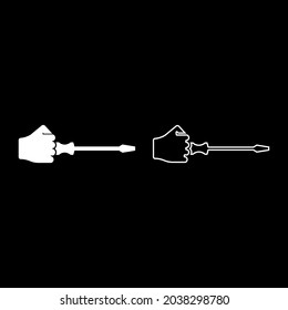 Screw driver in hand tool in use Arm with screwdriver for unscrewing icon white color vector illustration flat style image set