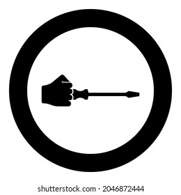 Screw driver in hand tool in use Arm with screwdriver for unscrewing icon in circle round black color vector illustration solid outline style image