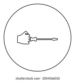 Screw driver in hand tool in use Arm with screwdriver for unscrewing icon in circle round black color vector illustration solid outline style simple image