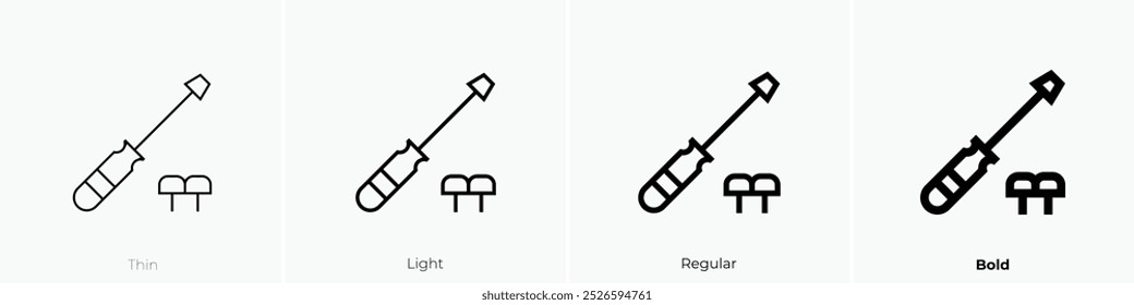 ícone de driver de parafuso. Design fino, leve, regular e negrito, isolado no fundo branco