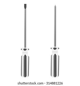 Screw driver, screw driver isolated. Icon of screwdriver. Vector illustration of grey screwdriver. Set of of two different type of screwdrivers