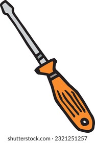 Screw driver simple pen drawing illustration. Handy tool in a cartoonish style colored with outline. Metal object and work device made for maintaining screws hand drawn logo graphic. Service equipment