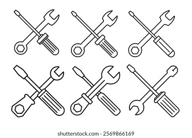 screw driver and wrench line Art Icon Set. , spanner icon and screw driver icon conception, Toolkit Linear and Silhouette  Cross of Wrench and Screwdriver Pictogram. vector