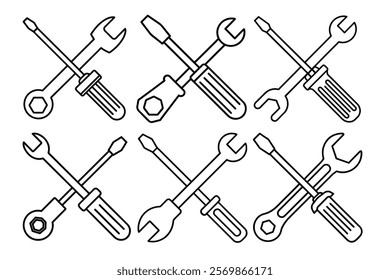 screw driver and wrench line Art Icon Set. , spanner icon and screw driver icon conception, Toolkit Linear and Silhouette  Cross of Wrench and Screwdriver Pictogram. vector