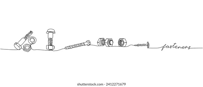 Screw, fasteners, bolt and nut, dowel, pin, pintle one line art. Continuous line drawing of repair, professional, hand, people, concept, support, maintenance with inscription, lettering, handwritten.