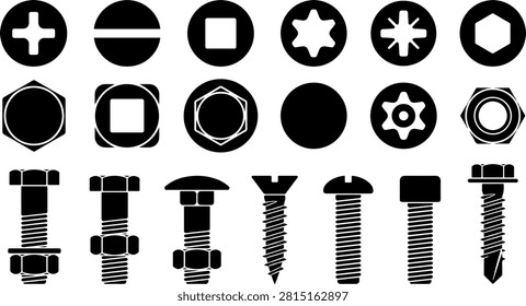 Screw head and bolt silhouette icon set with Phillips, slotted, Torx, hex, and threaded fastener designs