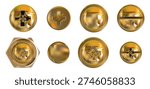 Screw head collection - golden bolt tops and metal rivets in realistic 3D style. Steel pins with hexagon caps, chrome hardware icons, rusty nail designs and copper screws for industrial illustration.