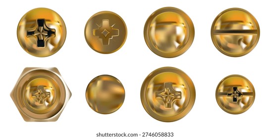 Screw head collection - golden bolt tops and metal rivets in realistic 3D style. Steel pins with hexagon caps, chrome hardware icons, rusty nail designs and copper screws for industrial illustration.