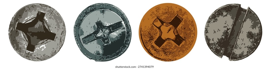 Screw head. Construction fastener head. Bolt head. Self-tapping screw head. Set Vector illustration