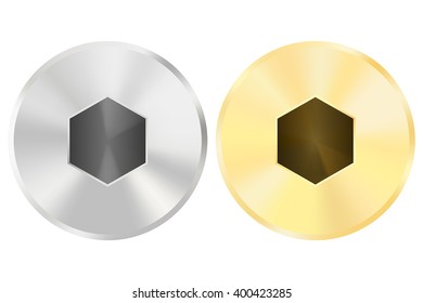 Screw head. Hex drive. Silver and golden. Vector illustration isolated on white background
